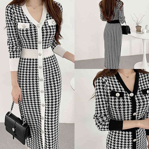 

long sleeve plaid v-neck elegant ladies night club party dresses a-line korea women casual street dress clothes slim waist, Black;gray