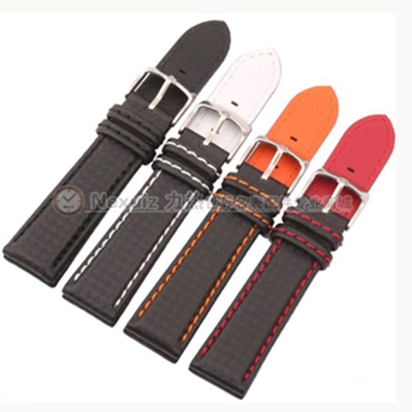 

watch bands for any wristband band carbon fibre black with red line leather lining stainless steel clasp 18 20 21 22 23 24mm, Black;brown