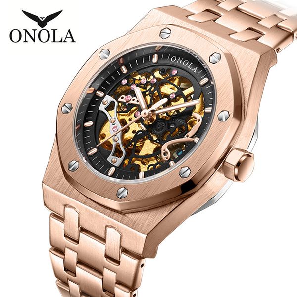

onola hollow dial steel belt waterproof classic business automatic men's mechanical watch, Slivery;brown