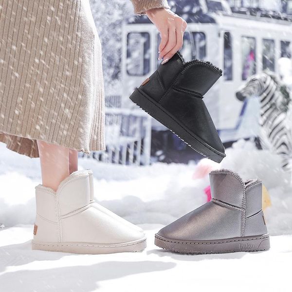 

boots winter fashion snow women slip-on round toe low (1cm-3cm) flat with solid plush thicken keep warm non-slip high quality, Black