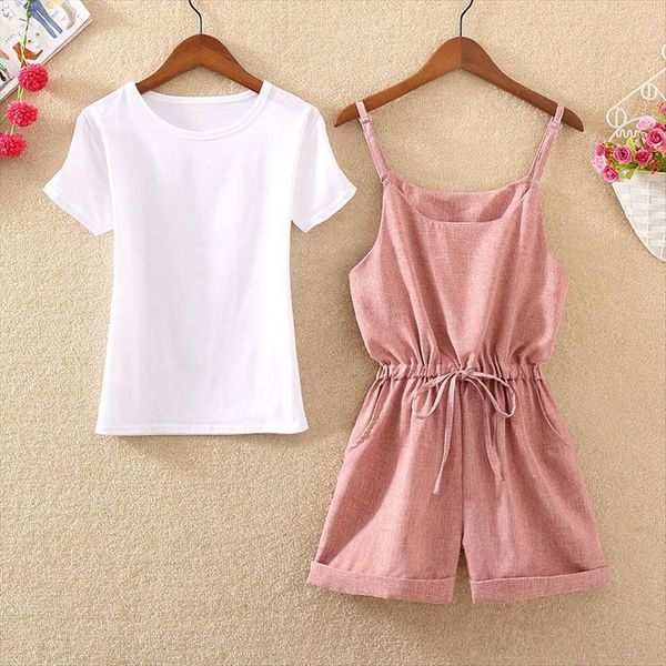 

summer suit white women tracksuits t shirt overall elastic waist color and plaid shorts two pieces set z60, Gray
