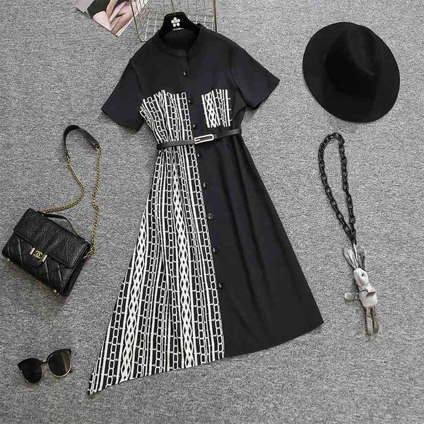 

chic design contrast stitching asymmetry shirt dress for women summer elegant ladies short sleeve loose striped print 210525, Black;gray
