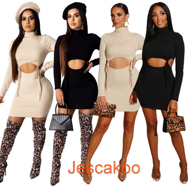 

women 2 piece set dress designer high collar long sleeve bandage hollow knee skirt ladies fashion solid dresses outfits 2022 new, White