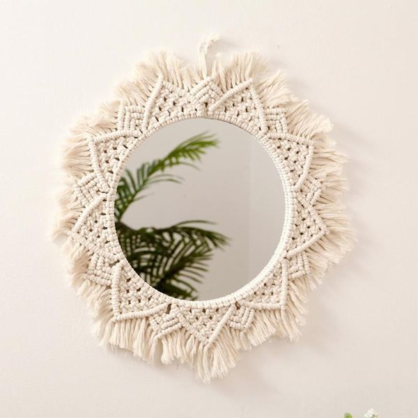 

mirrors macrame hanging wall mirror nordic bohemian handmade woven cotton rope braided fringe tassel makeup tapestry
