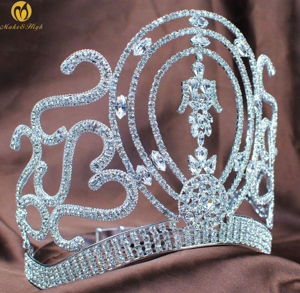 

hair clips & barrettes miss beauty pageant large crowns tiaras clear crystal rhinestones full diadem bridal wedding prom costumes jewelry, Golden;silver