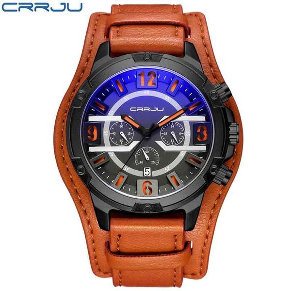 

crrju brand luxury mens leather strap watch waterproof casual quartz wristwatch for men relogio masculino 210517, Slivery;brown