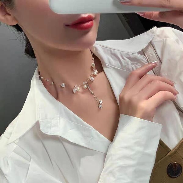 

chains french romantic elegant flashing diamond fish line pearl clavicle chain hair accessories for women, Silver