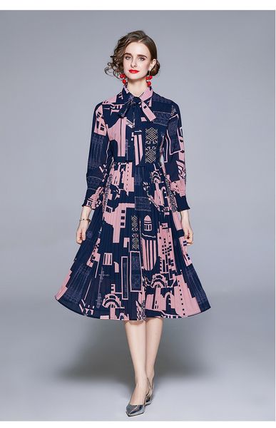 

spring and autumn dresses 2021 women's geometric printing pleated dress lapel neck waist-closing casual wear 100% polyester, Black;gray