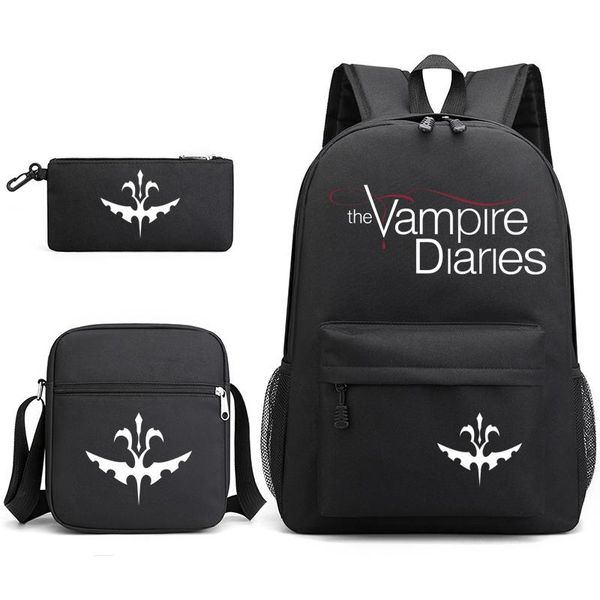 Rucksack 3 Stück The Vampire Diaries für Schule Teenager Mädchen Jungen Canvas Damen Schwarz Büchertasche Mode Reise Mochilas