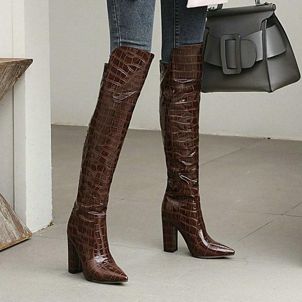 

boots black brown wine red white women over the knee patent pu leather winter shoes fashion pointed toe square heel
