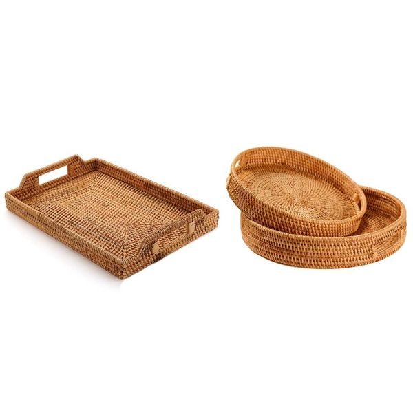 

storage baskets 1x rattan woven fruit basket 14.5x10.2 inches & 2x handwoven round high wall severing tray (s+l)