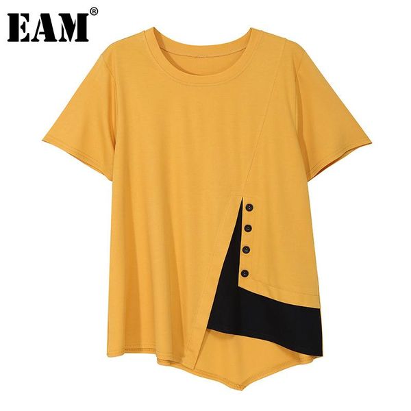 

[eam] women yellow white button asymmetrical casual t-shirt round neck short sleeve fashion spring summer 2021 1dd6728 women's