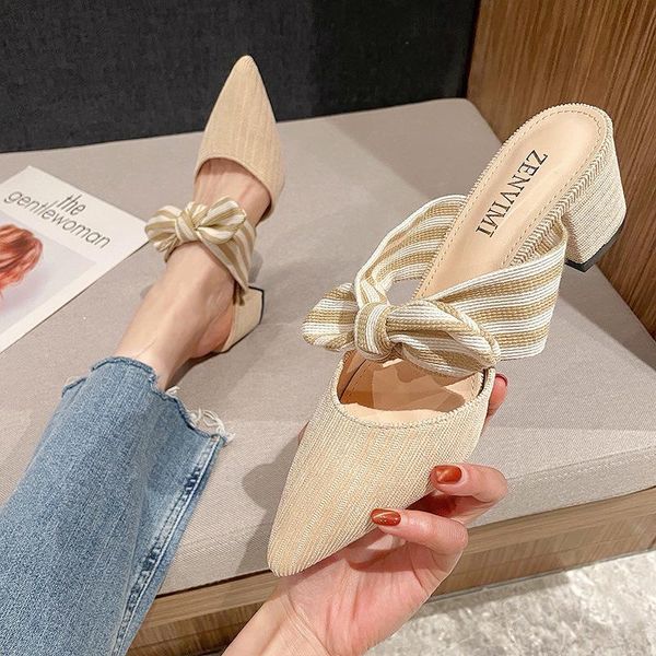 

slippers spring and summer arrivals pointed thick heel striped bow sandals half drag high women's single shoes women, Black