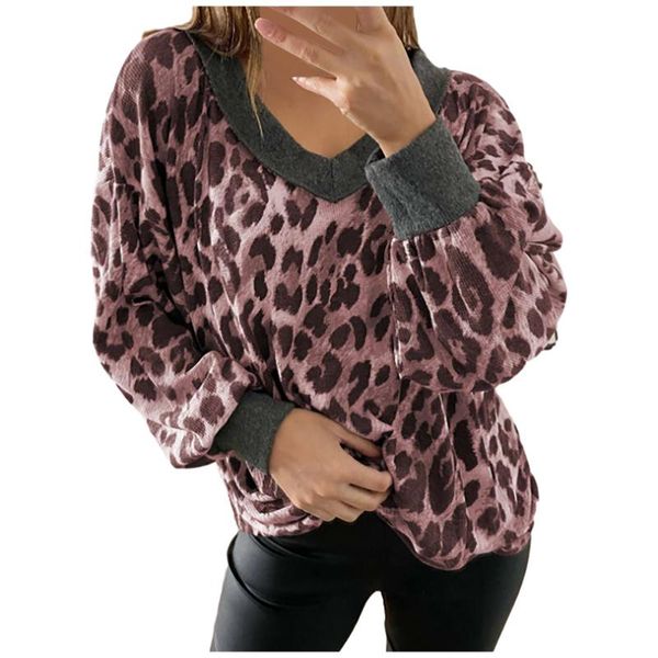 

women's hoodies & sweatshirts women and fashion ladies casual leopard print v neck long sleeve loose sudadera mujer, Black