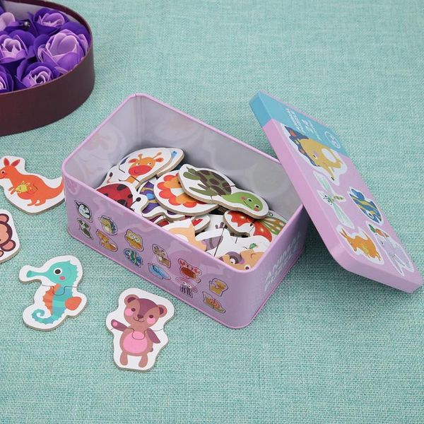 

kids cognition puzzles toys wooden cartoon cognition puzzles toys baby iron box cards matching education toys for children