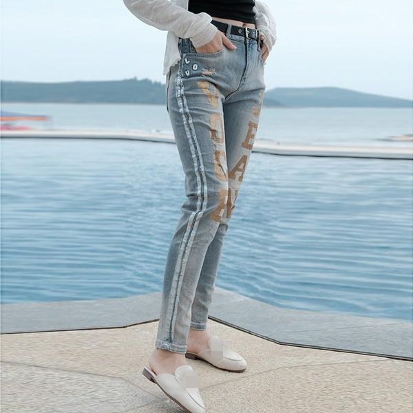 

women's jeans high street skinny woman summer fashion letter ankle length pants blue casual waist denim penicl plus size