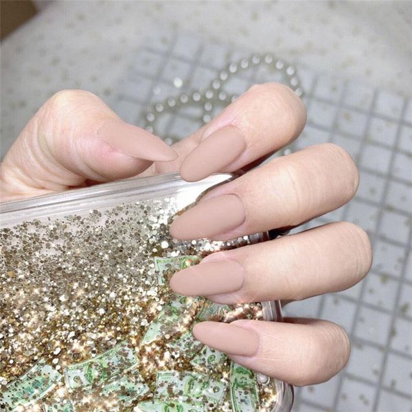

false nails 27g khaki single color frosted fake wearable detachable nail round long healthy finished patches, Red;gold