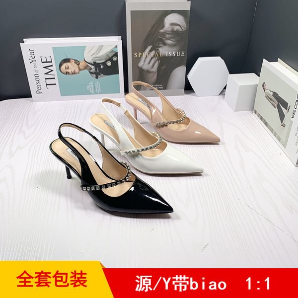 

luxury dress shoes 2021 summer season miu home patent leather pointed one line buckle high heels thin heel sandals fairy style, Black