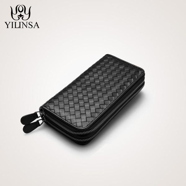 

wallets luxury soft bag genuine leather men double zipper handbags long purse for passport cover card holder, Red;black