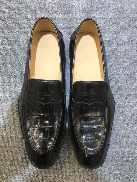 

crocodile leather shoes men's trend british casual pointed toe dress belly fashion business, Black