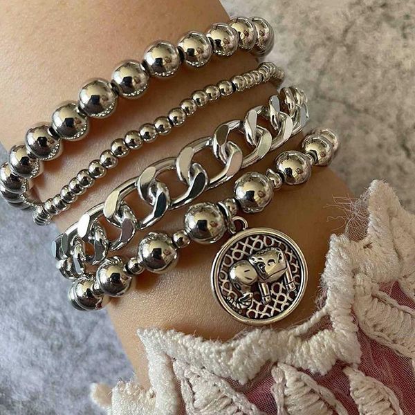 

link, chain 4 pcs/set women retro bracelets set classic beads elephant bracelet creative lady silver color jewelry beach gift, Black