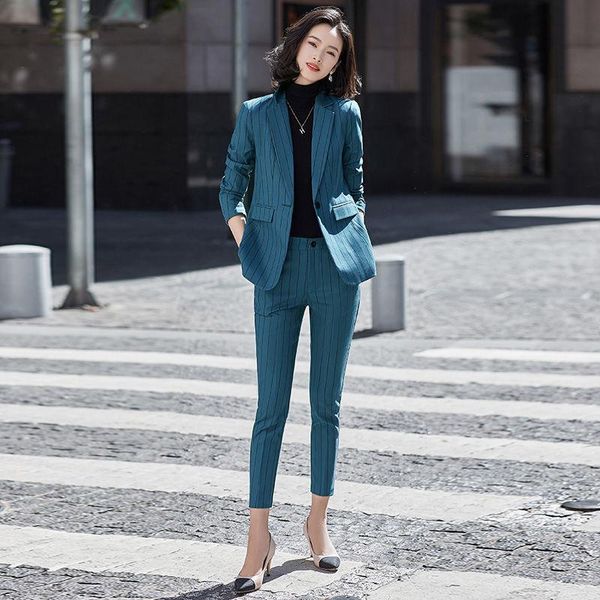 

women's two piece pants women 2021 spring autumn pant suit female striped set ladies notched blazer jacket & office wear sets x157, White