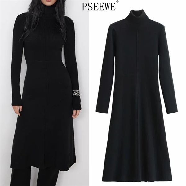 

black long knitted dress women winter warm sleeve midi sweater woman ribbed knit a line casual es 210519, Black;gray