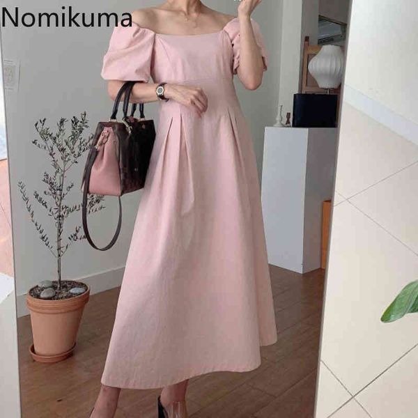 Nomikuma Elegante Rosa Kleid Frauen Quadrat Kragen Puff Sleeve Kleider Weibliche Einfarbig Schlanke Taille Koreanischen Stil Vestidos Mujer 210514
