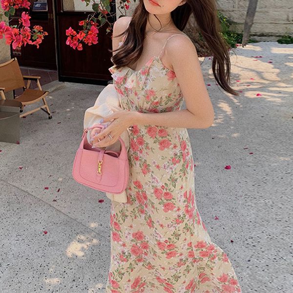 

casual dresses summer vintage midi women design elegant floral strap female beach korean offpce lady k243, Black;gray