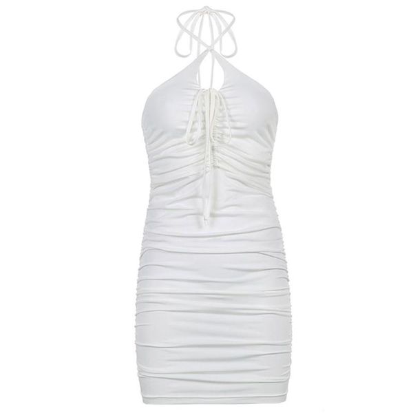 

casual dresses 2021 womens summer cross halter ruched white bodycon mini dress hollow out v-neck lace-up drawstring backless, Black;gray