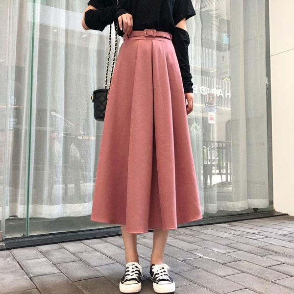 Saias outono inverno moda sólida feminina saia feminina 2021 Casual A-Linha Elastic Weats elegante plissado longo com cinto preto cáqui