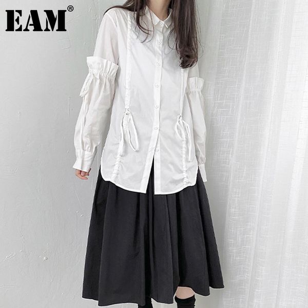 

[eam] women black big size casual ruched bandage blouse lapel long sleeve loose shirt fashion spring summer 1dd8303 210512, White