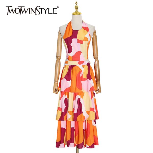 

twotwinstyle hit color bohemian dress for women hooded collar sleeveless backless high waist dresses female summer fashion 210428, Black;gray