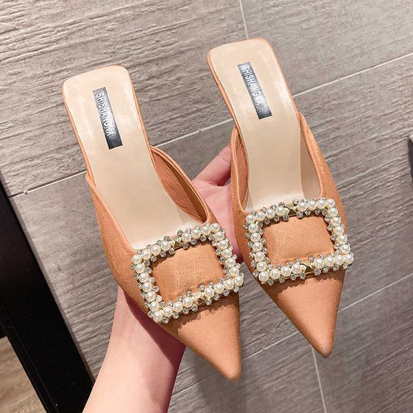 

rimocy spring summer pointed toe slippers women fashion pearl buckle mules shoes woman thin high heels pumps sandals 210528, Black