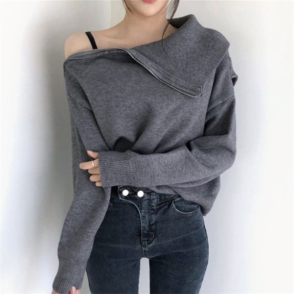 Mulheres Sweater Streetwear Slash Neck Zipper Sexy Pulôver Out Outono Inverno Manga Longa Preto Femme feminino puxar 210525