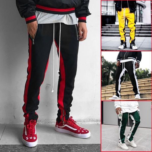 

men's pants 2021 fashion trousers fitness zipper pocket stitching sports feet beam mouth running casual, Black