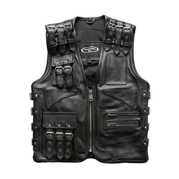 

men black motorcycle leather jacket vest fashion multiple shoulder straps and belts can be adjusted biker vests men's & faux