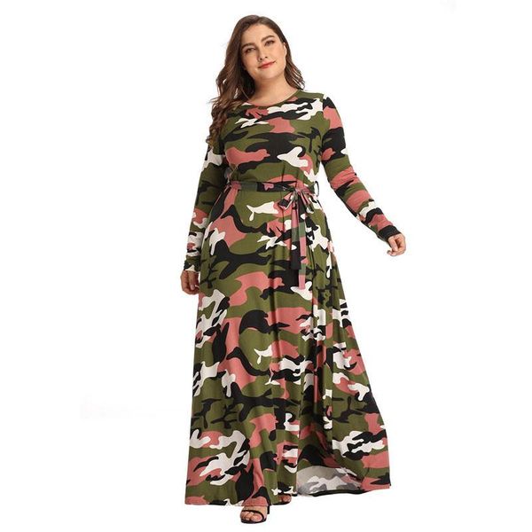 

casual dresses fashion sashes camouflage print long women dress full sleeve o-neck autumn winter plus size loose vestido maxi robe, Black;gray
