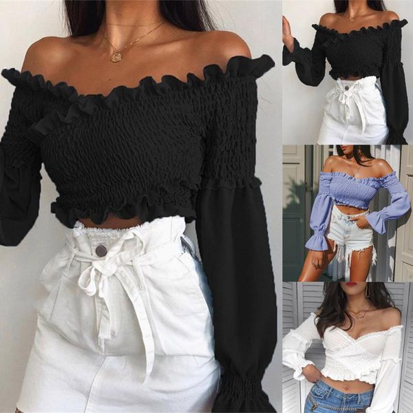 

women's blouses & shirts solid color strapless long sleeve short exposed navel women cool shoulde ladies, White