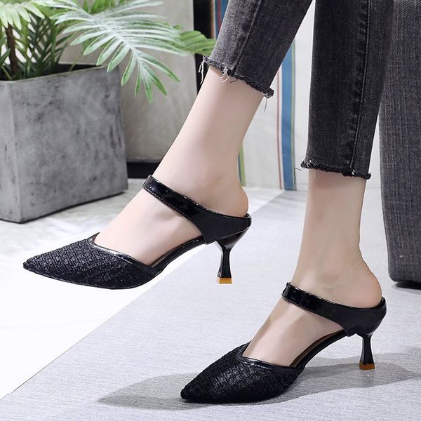 

luxury slippers baotou half tow high thin heel pointed mh hollow out sandals 2021 summer fashion women's sho, Black