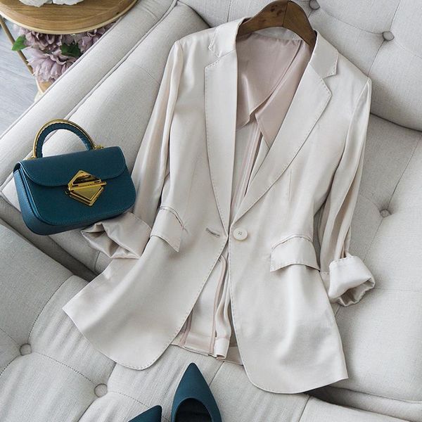 

spring and autumn champagne temperament slim satin luster small suit jacket women women's two piece pants, White