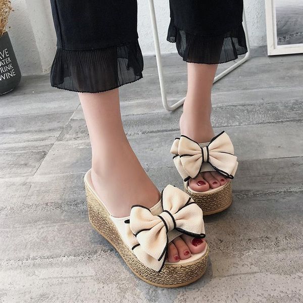 

slippers 2021 women summer muffins bottom wedges platform thick soled casual sandals joker bow beach shoes high heels, Black