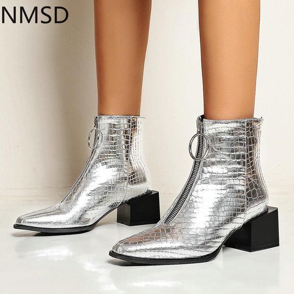 

boots women snake print fashion zipper suqare heel ankle lady metal decoration square toe autumn winter shoes, Black