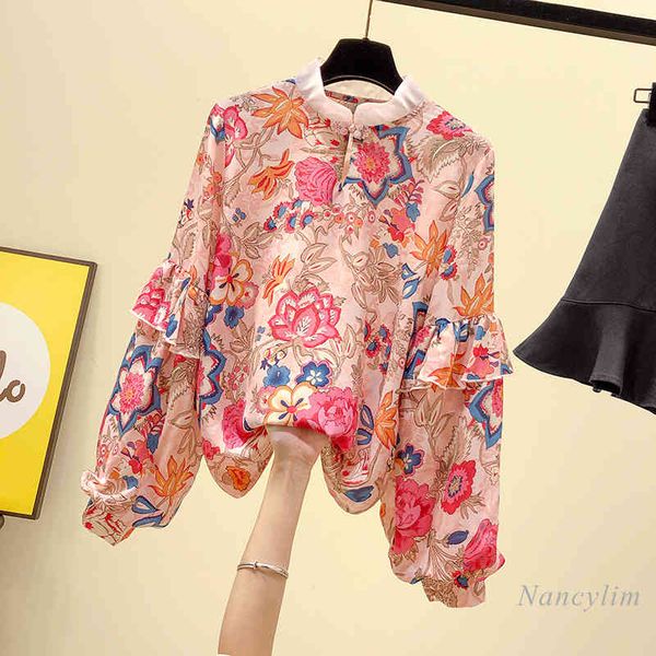 

blouses floral chiffon shirt women long lantern sleeve printed pink blouse lady spring cloth blusas nancylim, White