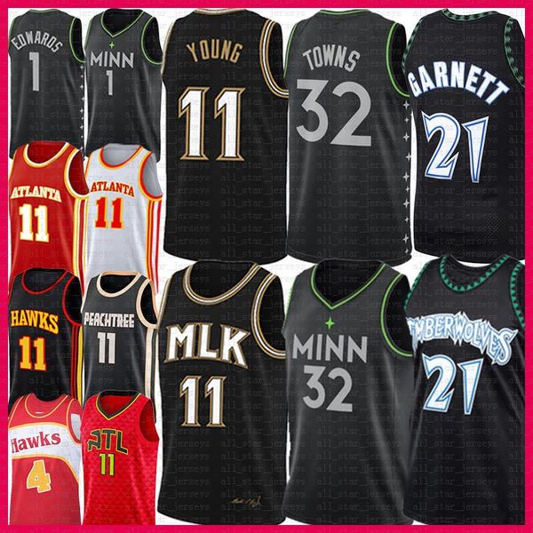 

trae 11 young basketball jersey karl-anthony 32 towns anthony 1 edwards kevin 21 garnett spud 4 webb mens, Black;red