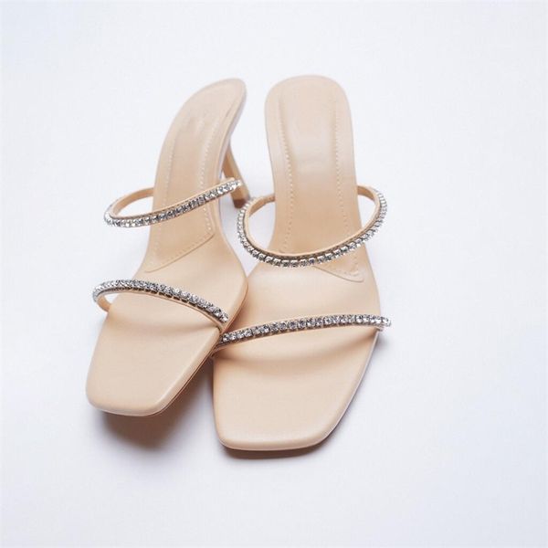 

summer crystal high heel women sandals beige square toe slides slipper female 210628, Black
