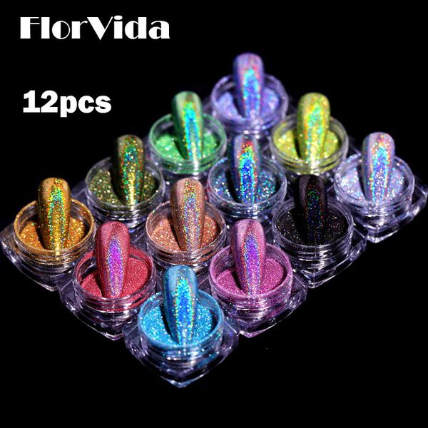

florvida 12pcs kit holographic glitter mirror powder nail art chrome pigment dusts rub on nails design for manicure set salon, Silver;gold