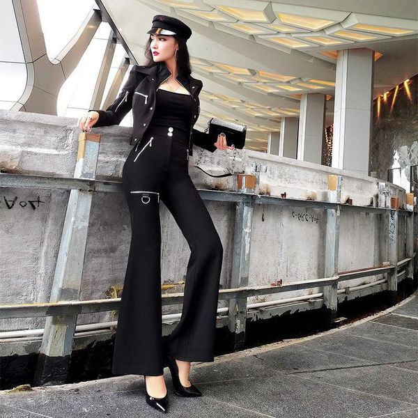 

women autumn winter slim pant suit lady button zipper blazer jacket & flare two piece casual solid office e9 women's pants, White