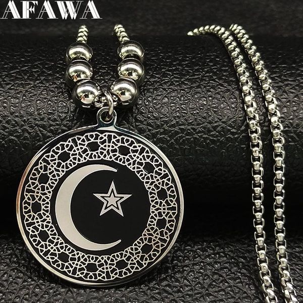 

pendant necklaces 2021 bead long stainless steel statement necklace for women muslim islam moon star black jewelry collier femme n1855, Silver