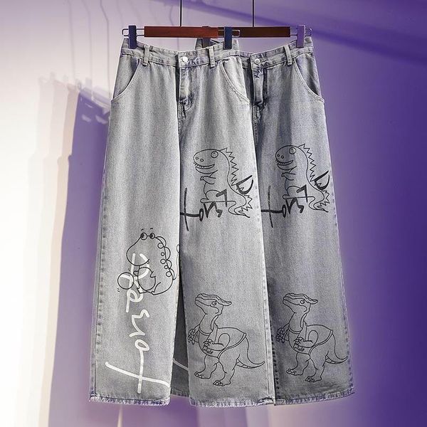 

men's pants women's jeans korean version ins retro graffiti cartoon print loose high waist casual straight wide leg women, Black